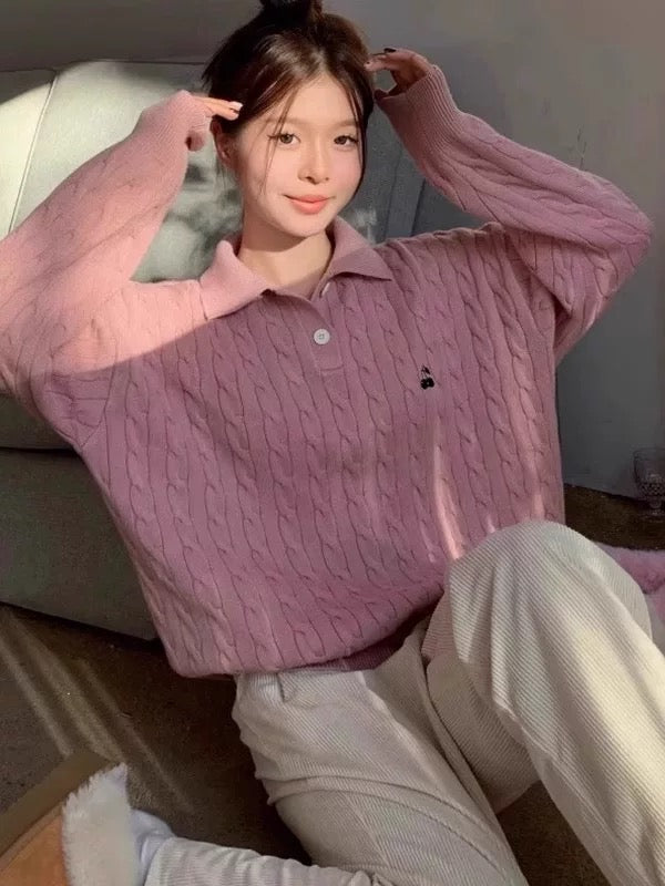 Collar Long Sleeve Cherry Knitted Top (Blue, Pink)