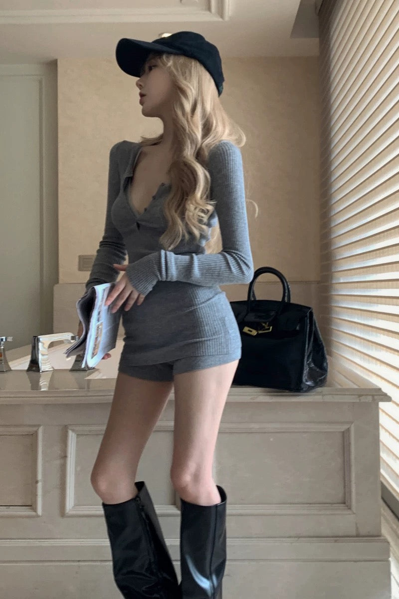 Grey Slim Fit Top + Shorts Two Piece Set with belt