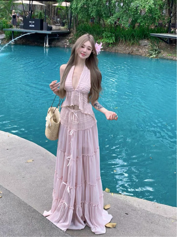 Pink Lace Top + Long Skirt Two Pieces Set