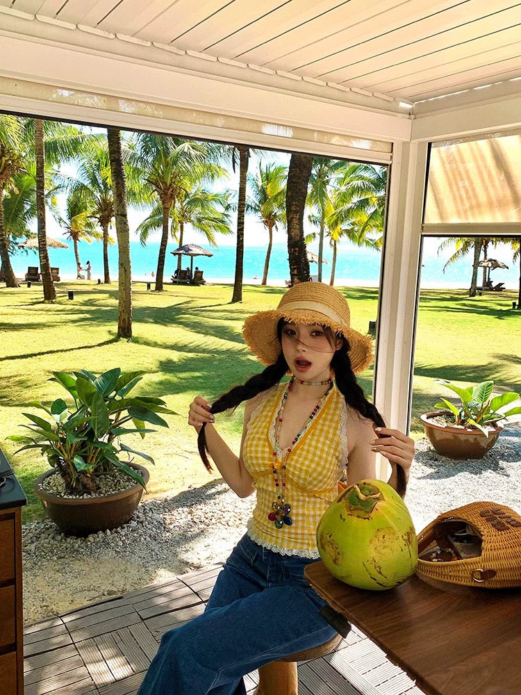 Round Lace V Collar Ginham Top With Pad 胸垫 (Yellow, Red)