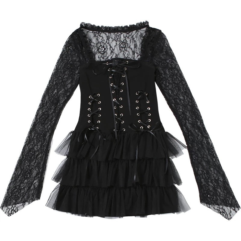 Lacey Square Collar Black Dress (S, M)