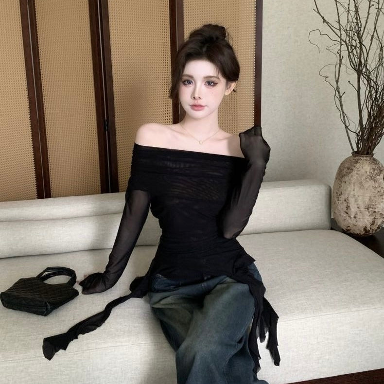 Off Shoulder Long Sleeve Brown Mesh Top