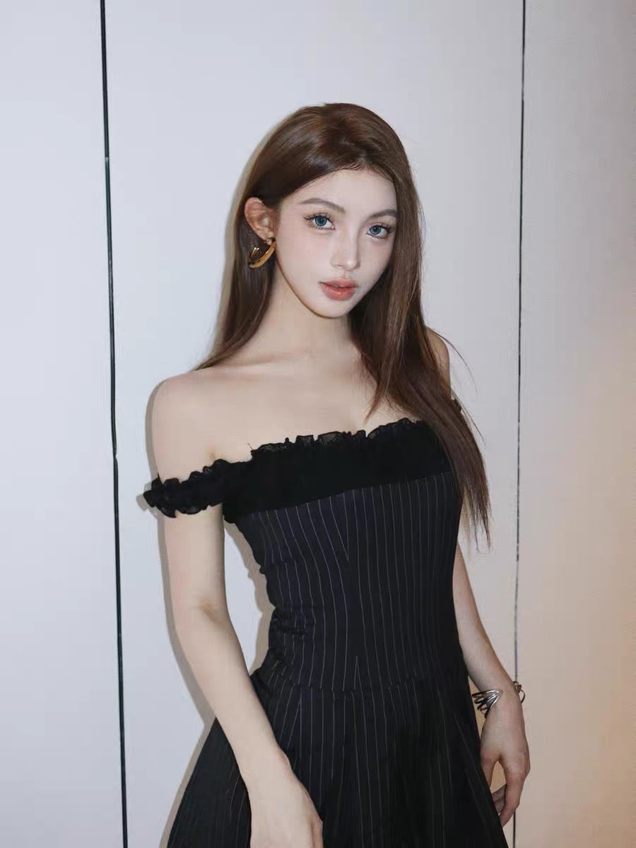 Limited Navy Stripe Off Shoulder Dress