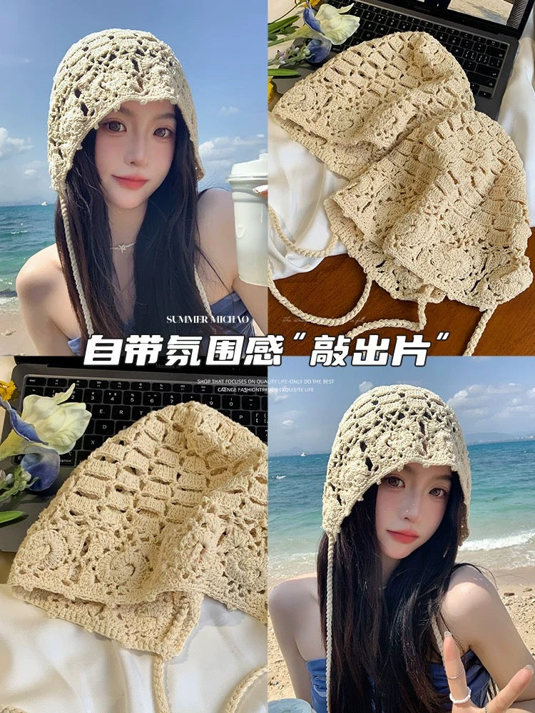 H34 Big Beige Strap Knitted Embroidery Hat