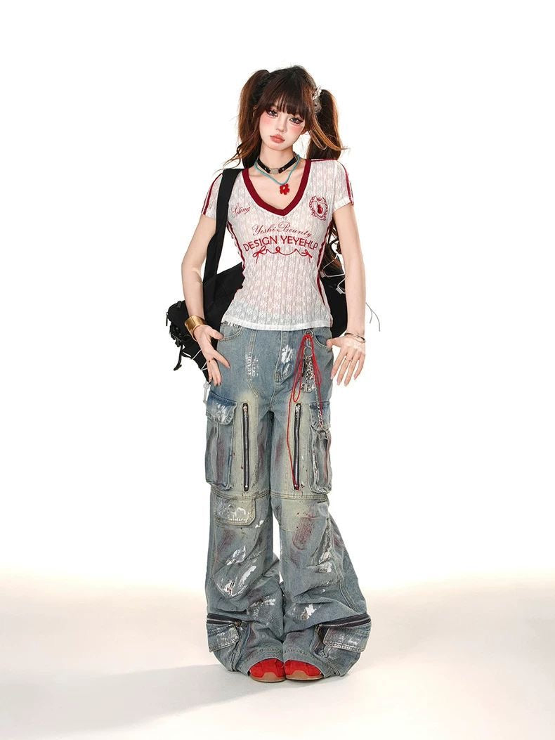 Red V Collar Laces Top
