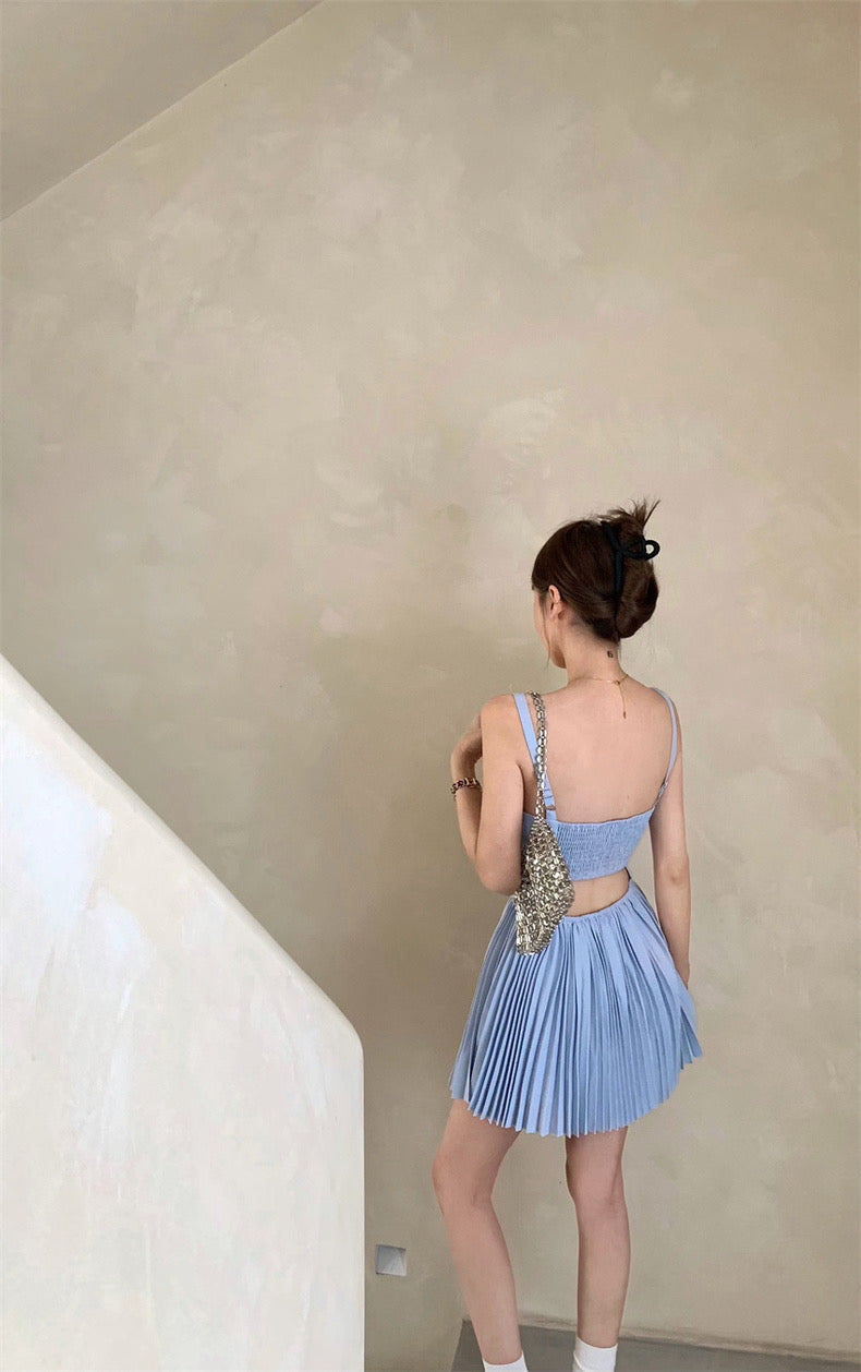 Sweet Pleated Blue Dress (Blue - L - 3XL)