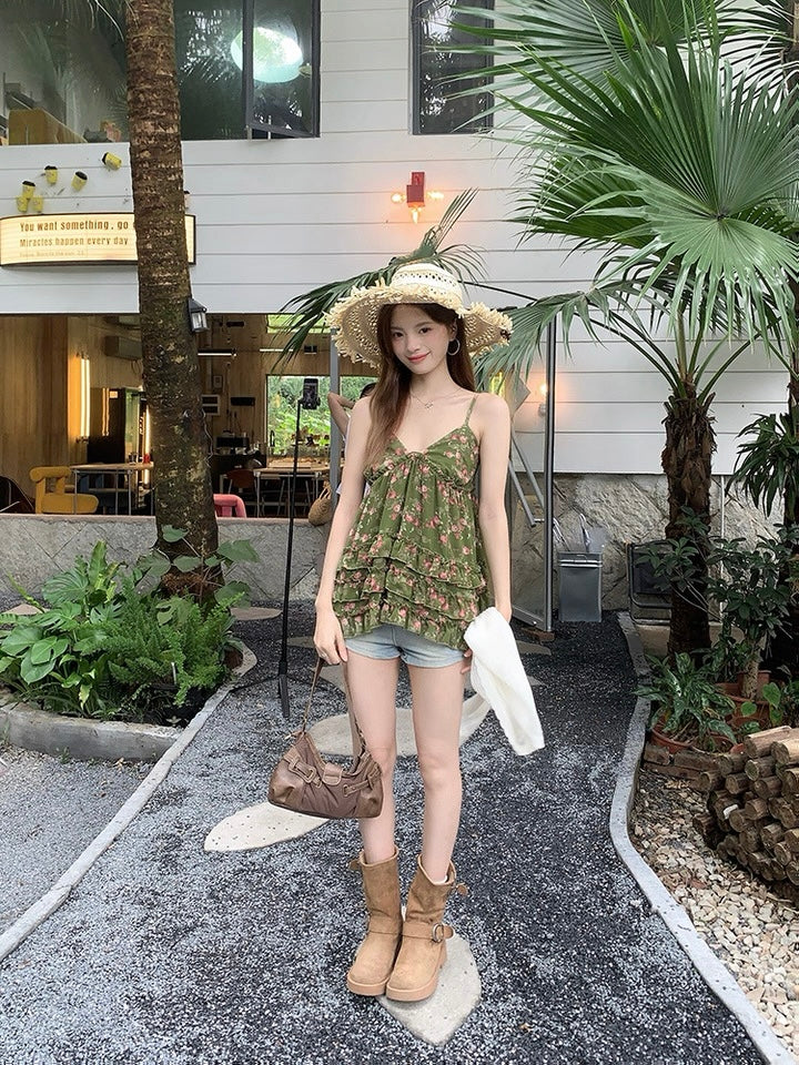 Green V Collar Chiffon Strap Floral Top