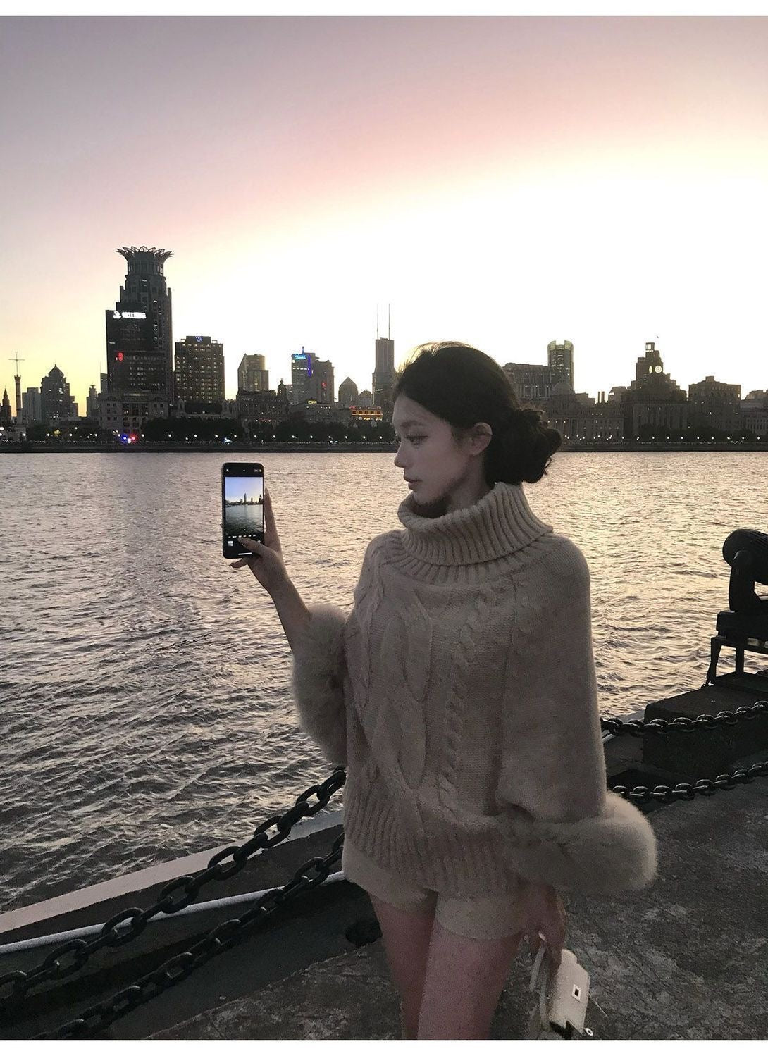 Fur Sleeve Multi Wear Collar Knitted Top (Cream, Brown)