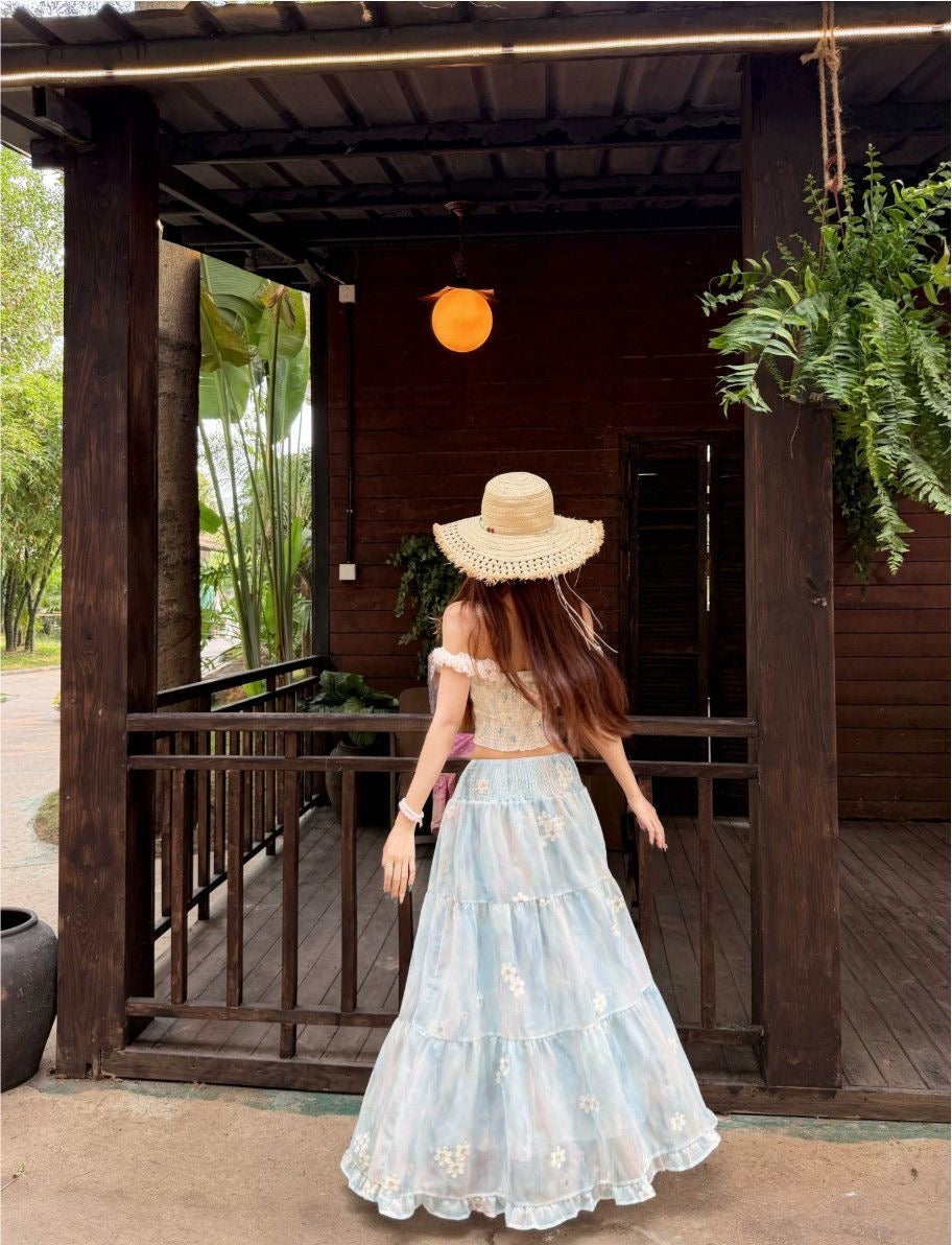 Top + Blue Skirt Two Piece Set
