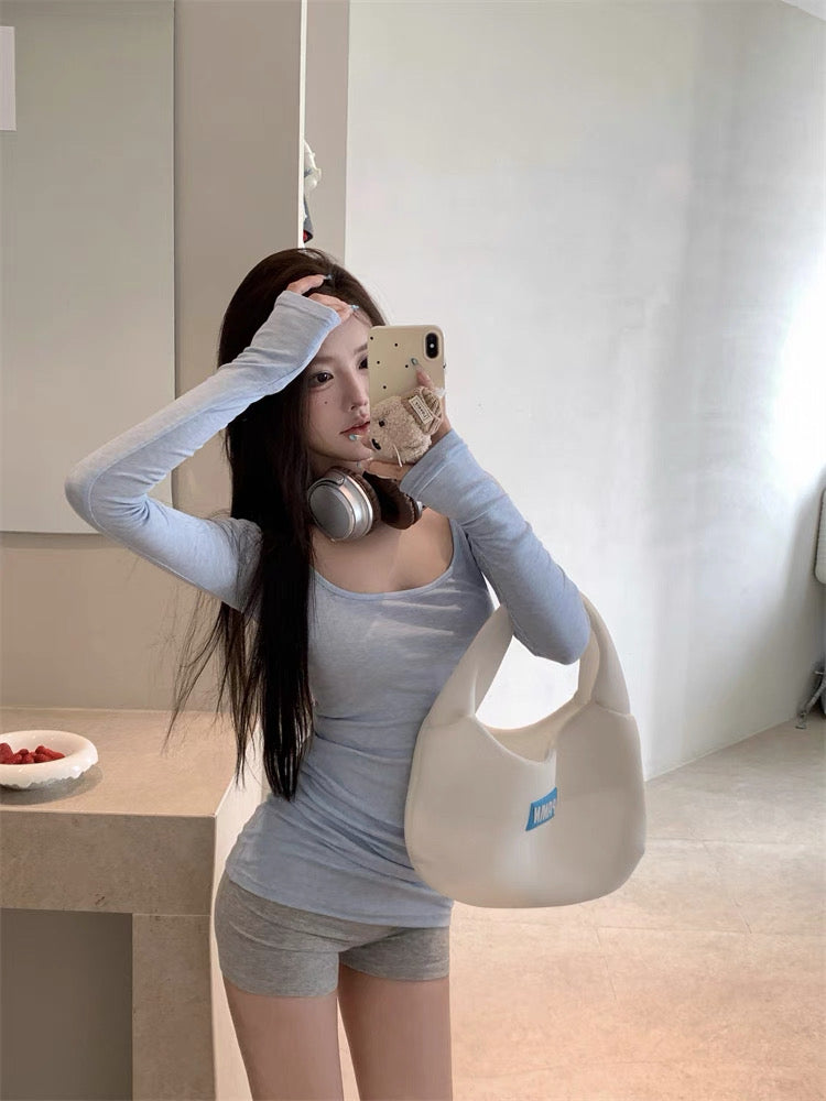 U Collar Thin Long Sleeve Long Top