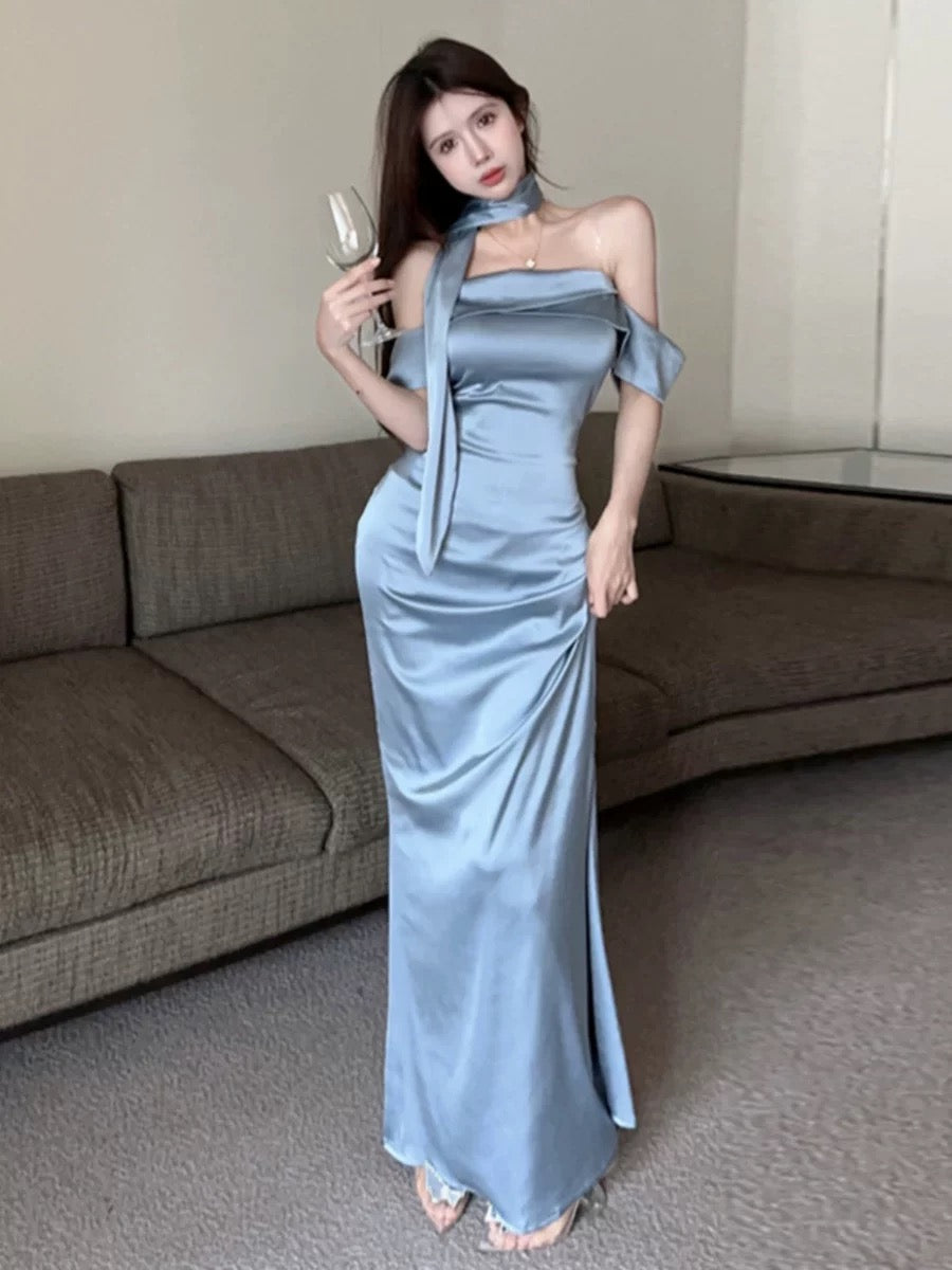 Silky Blue Tube Long Dress (S, M)