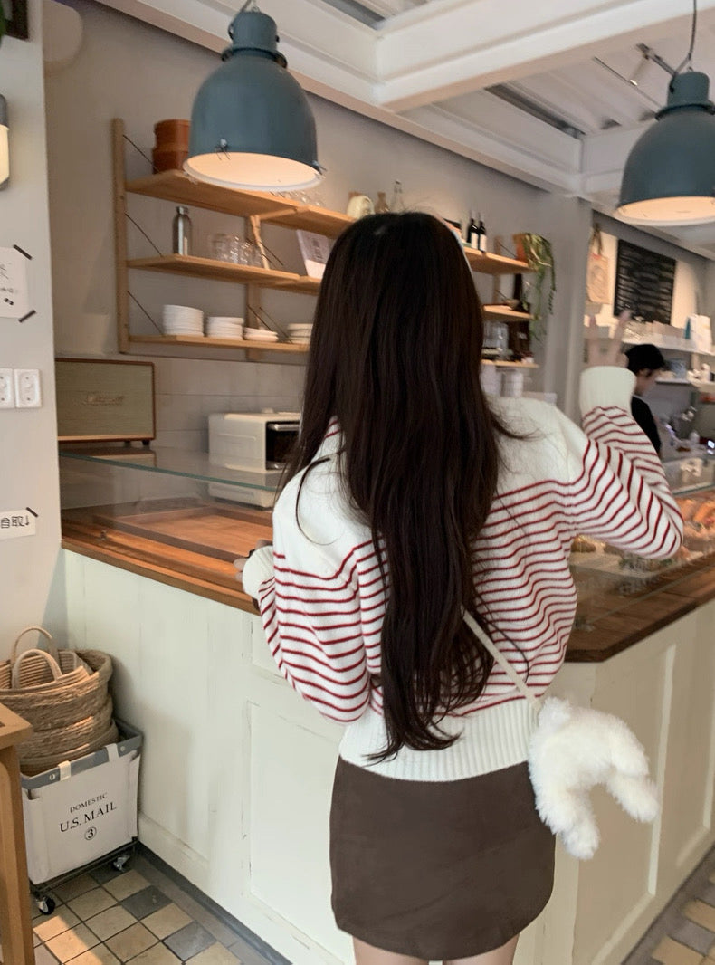 Stripe Long Sleeve Knitted Top (Red, Blue)