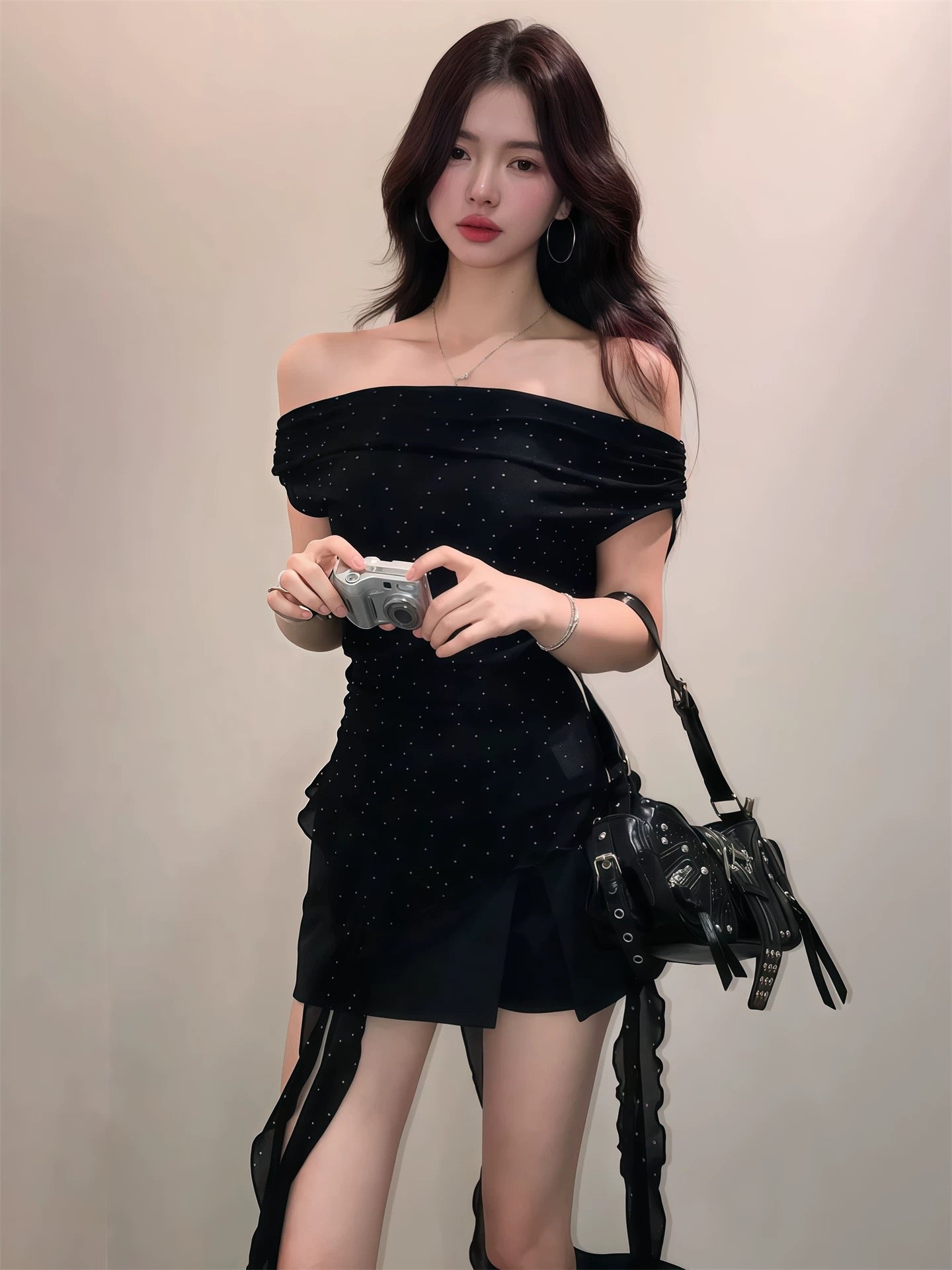 Mini Dot Off Shoulder Black Mesh Top