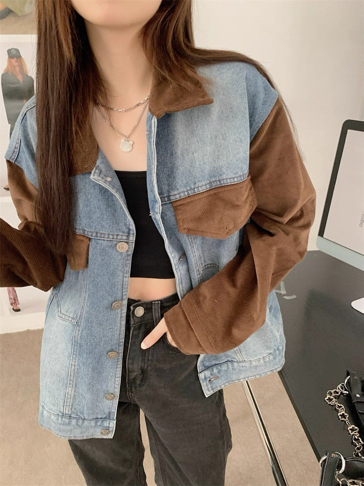 Denim Mix Brown Collar Sleeve Jacket