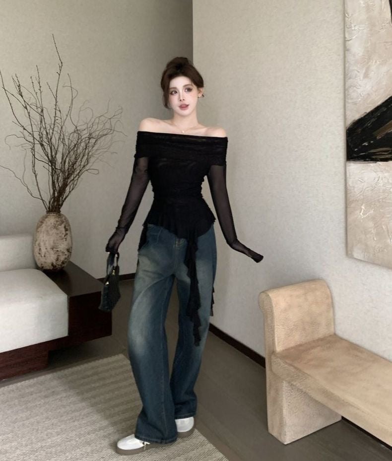 Off Shoulder Long Sleeve Brown Mesh Top