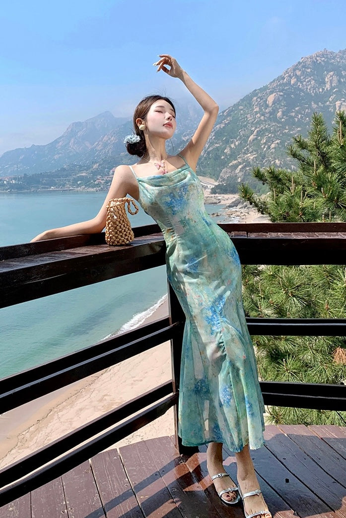 Chiffon Green Long Dress (XS, S, M)