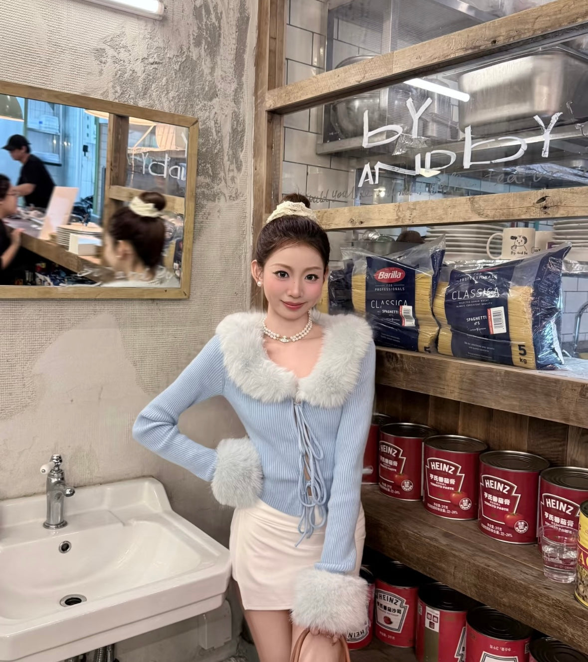 Furry Collar Long Sleeve Blue Top
