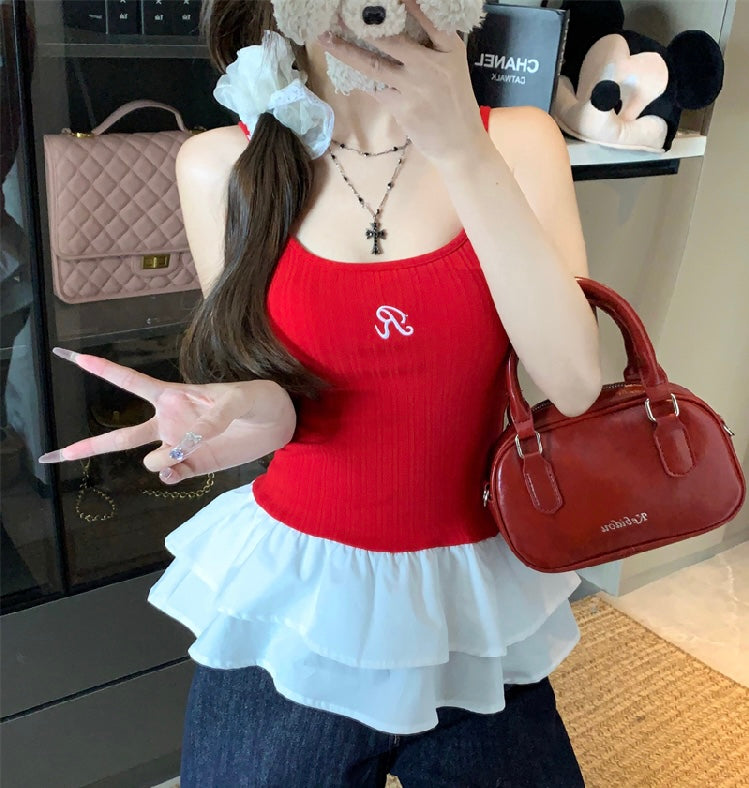 Mini White Layered Bottom R Strap Top (Red - S, L, Blue - S)
