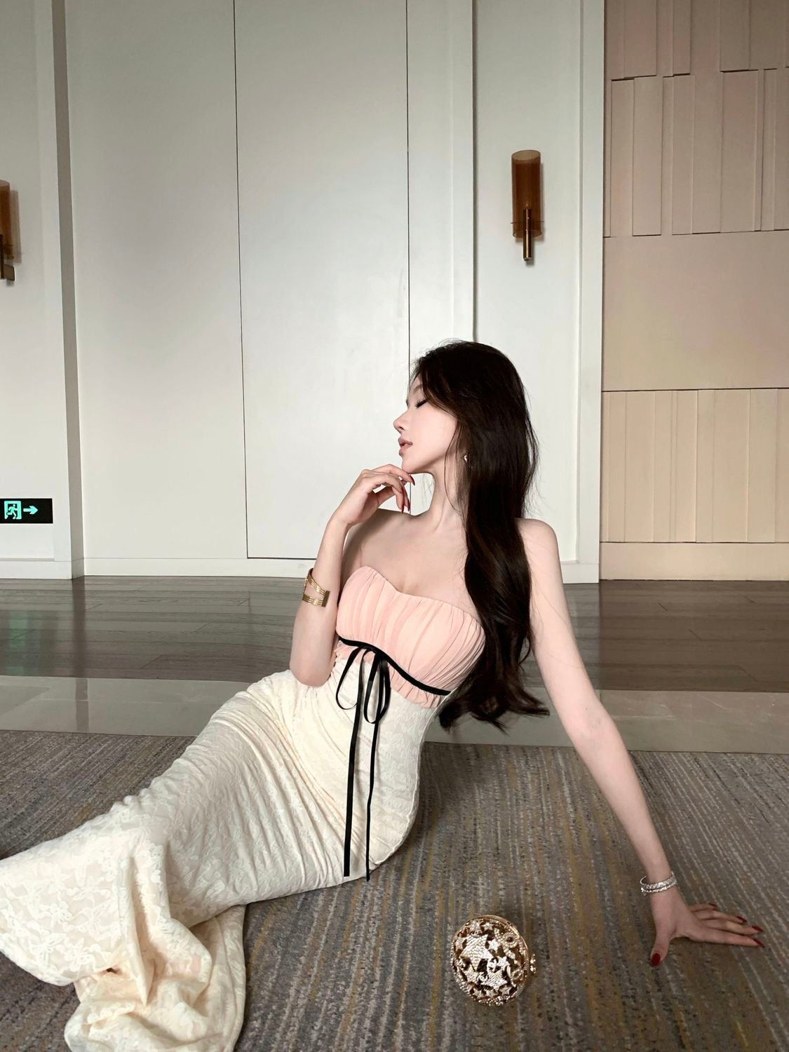 Pink Mix White Lace Long Dress(S)