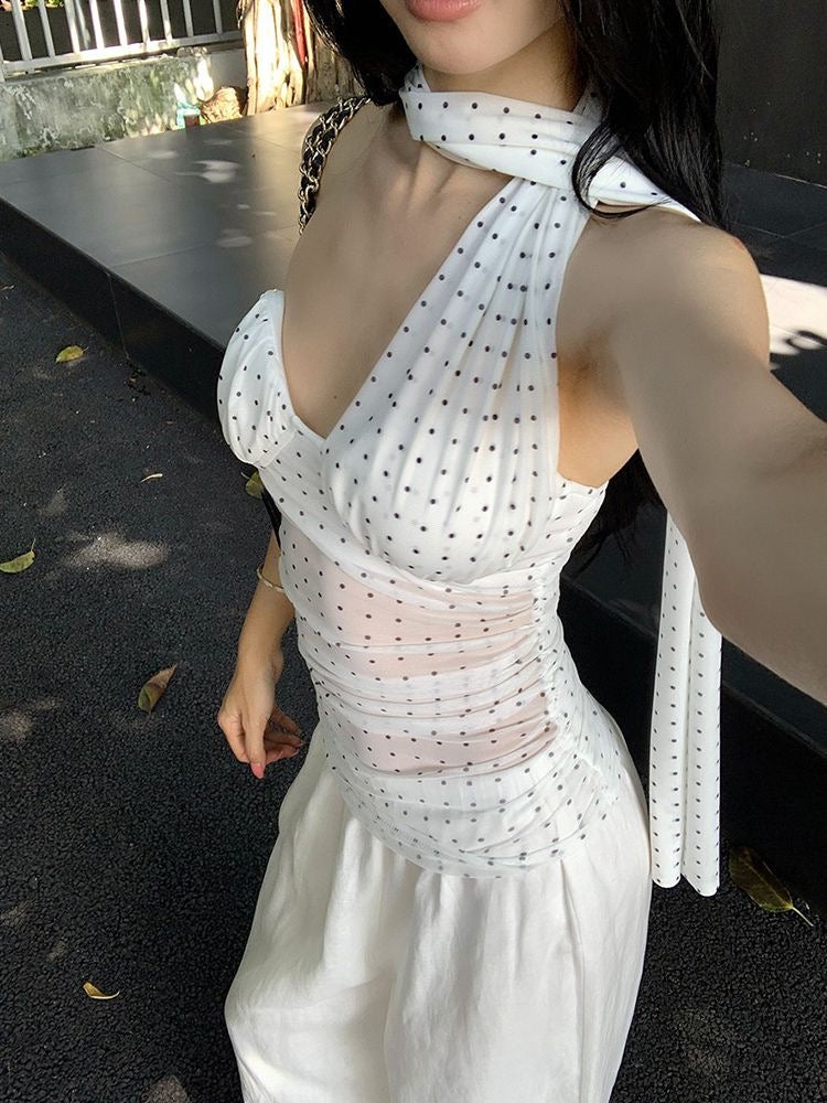 Polka Dot Tube Mesh Top Strap T009