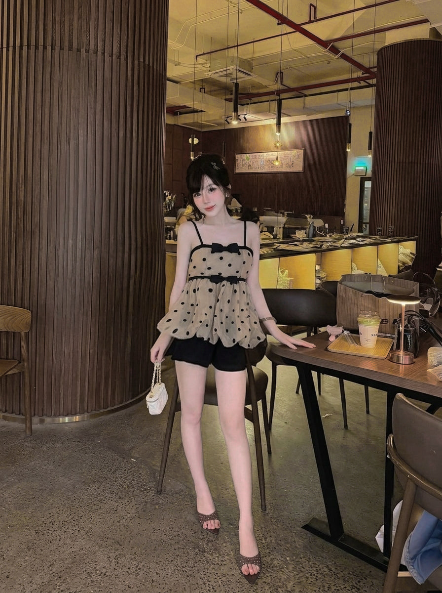 Polka Dot Strap Coffee Tube Top + Inner Shorts