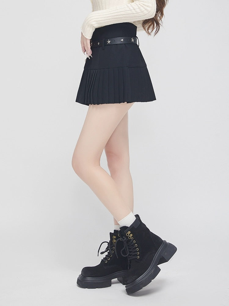 Middle Waist Pleated Skirt ( Grey-L)