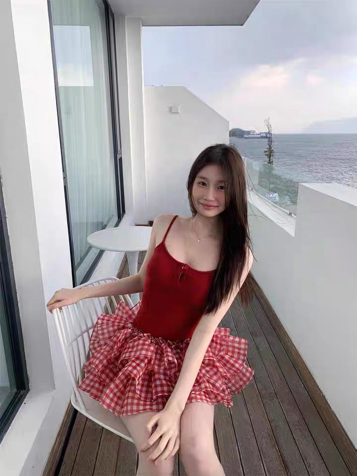 Red Top + Ginham Mesh Mini Skirt SK16