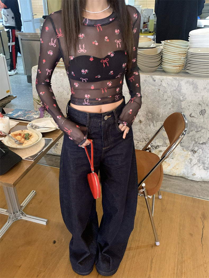 Pink Ribbons Thin Long Sleeve Mesh Crop Top Outerwear