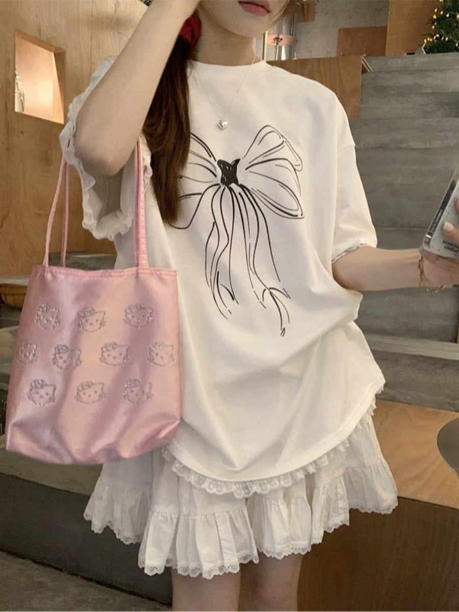 White Ribbon Oversize T Shirt Top