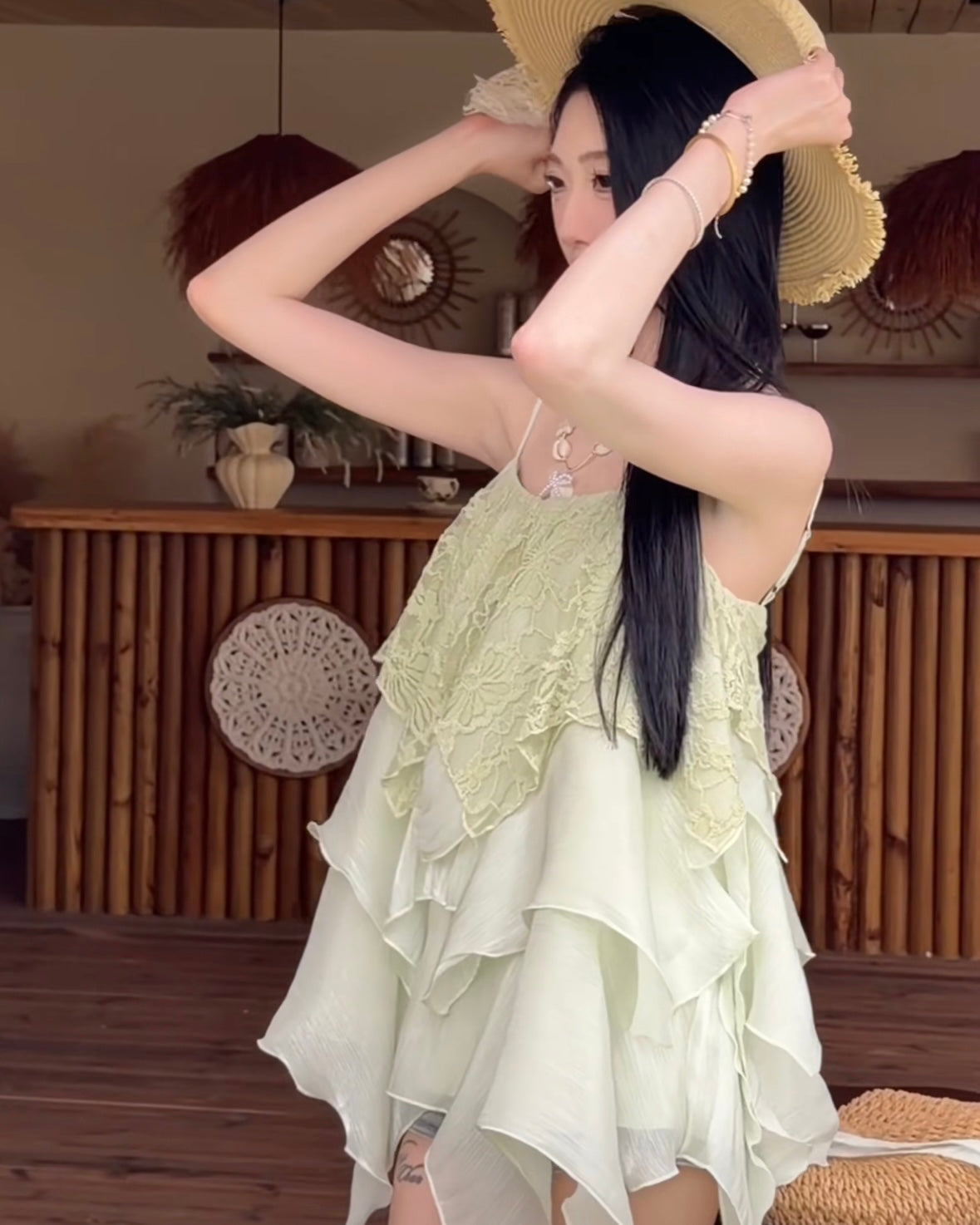 Green Chiffon Mix Laces Long Top