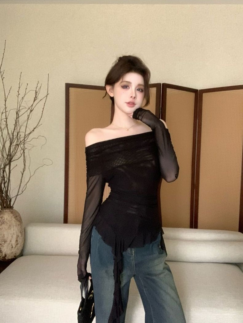 Off Shoulder Long Sleeve Brown Mesh Top