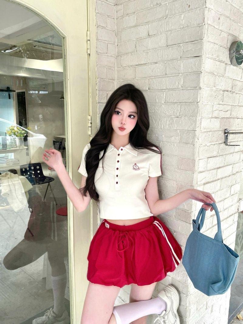 Collar White Top + Wine Red Skirt Two Piece Set