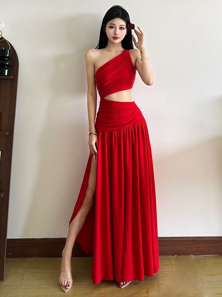 Red Side Waist Cut Long Dress (S)