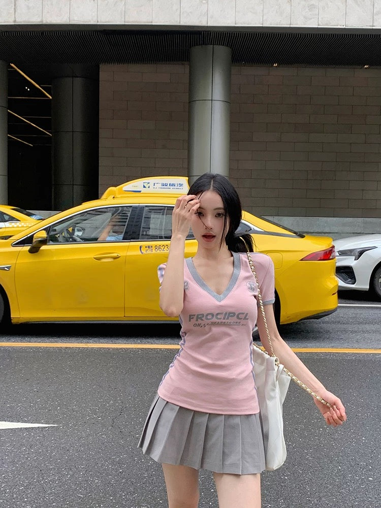 V Collar Two Tone Top (Pink)