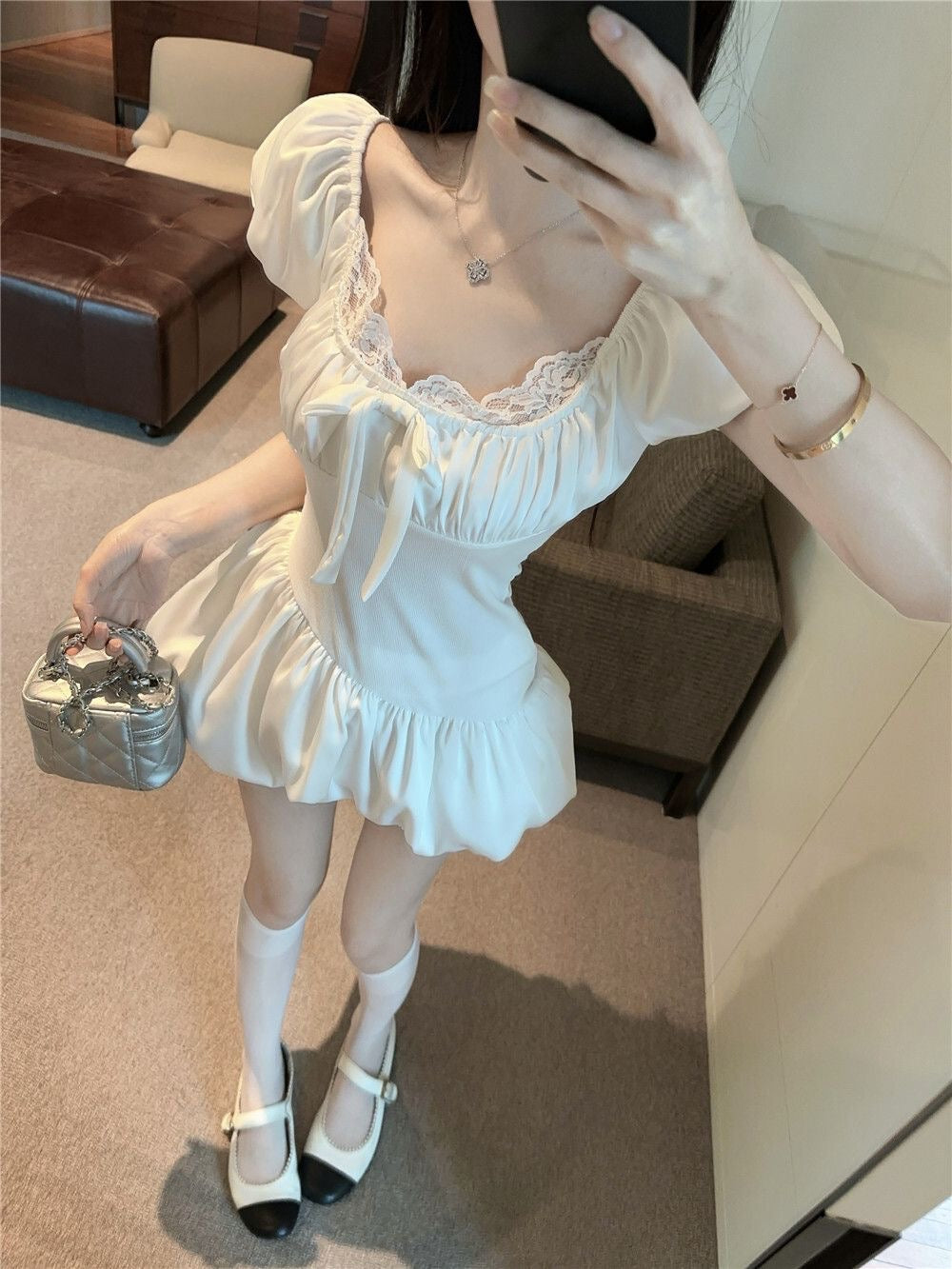 Silk White Puff Sleeve Mini Dress + Shorts Two Piece Set (S)