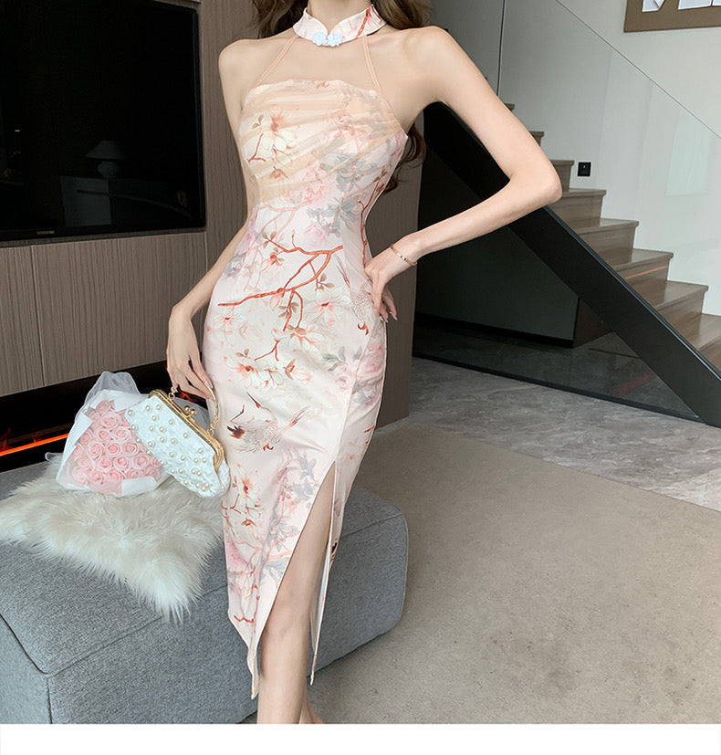 Floral Peach Halter Collar Cheongsam Long Dress (S, M)