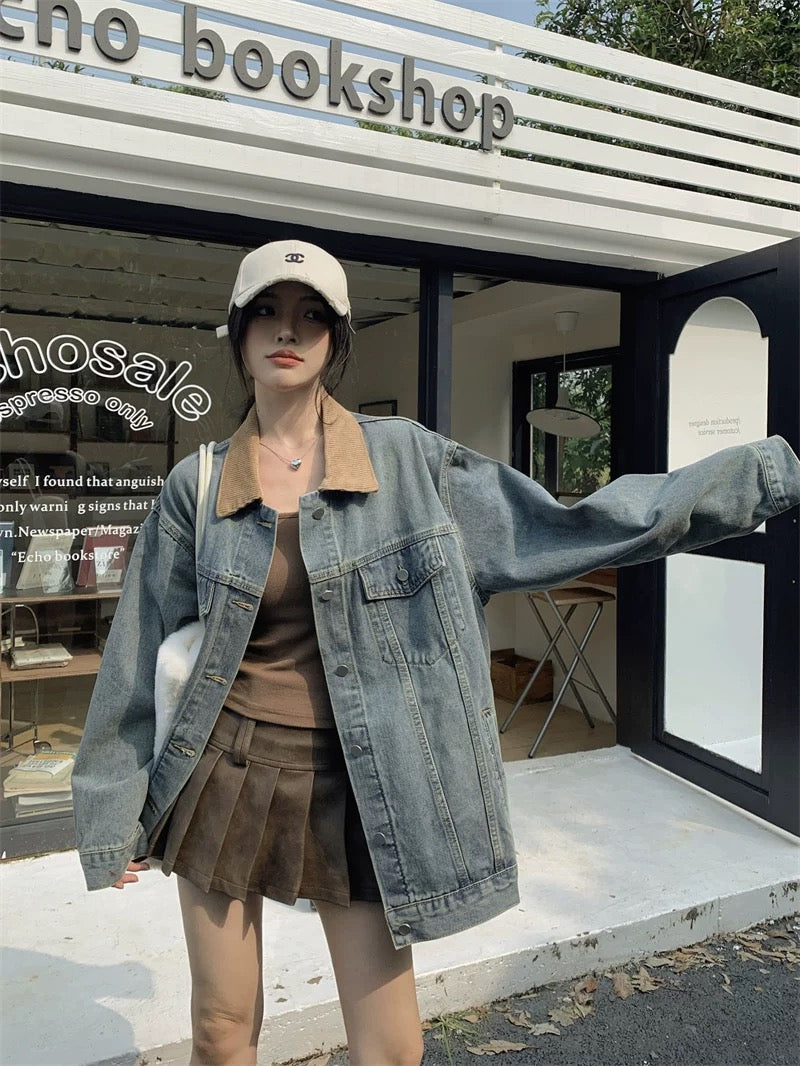 Denim Mix Brown Collar Jacket