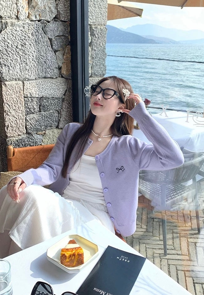 Ribbon Logo Long Sleeve Cardigan Top