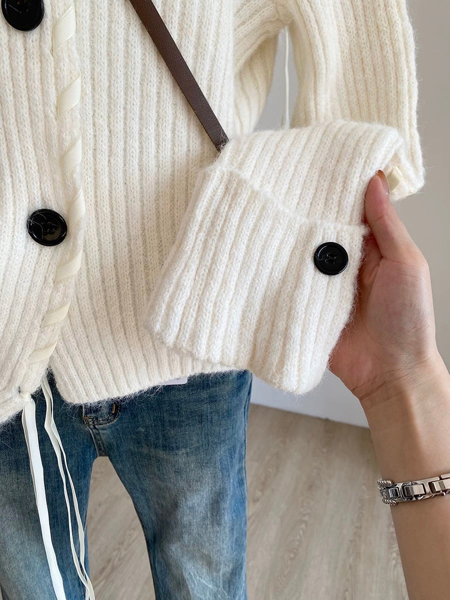 Cream Knitted Tie Sleeve Cardigan