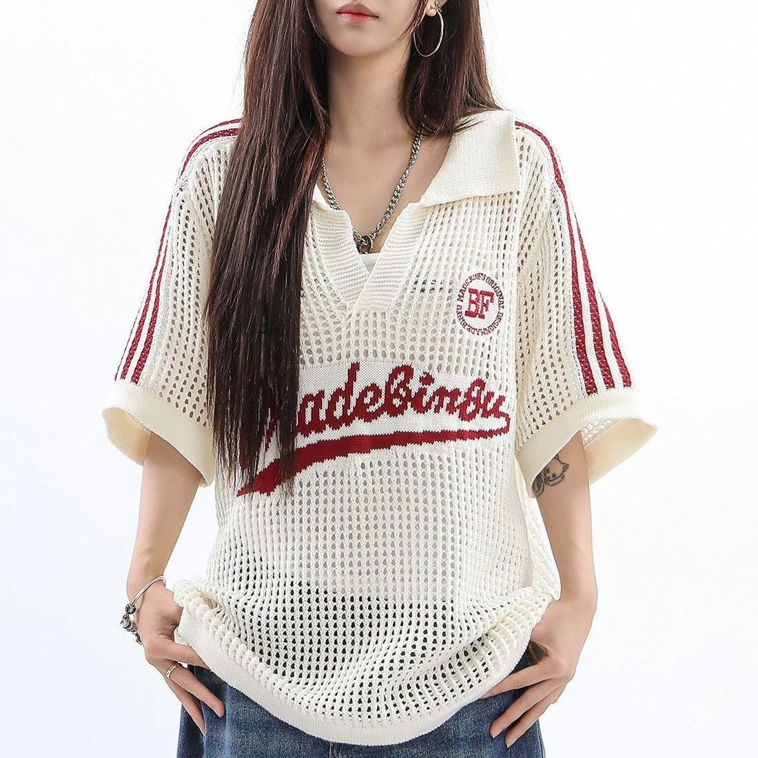 Knitted Ball Top (Cream White, Blue)