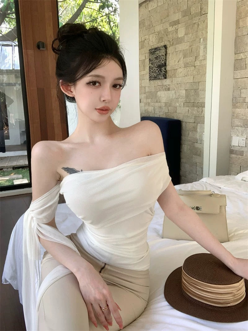 White Side Off Shoulder Sleeve Top