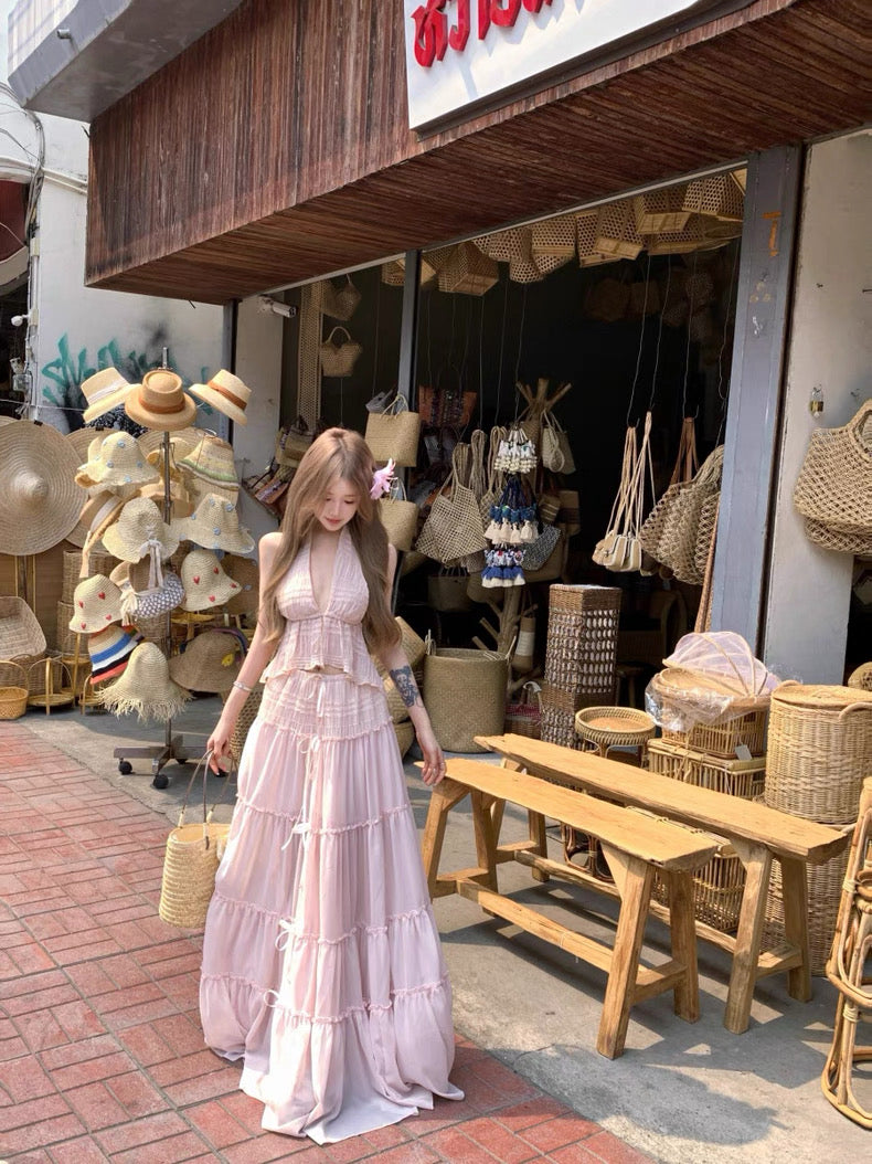 Pink Lace Top + Long Skirt Two Pieces Set
