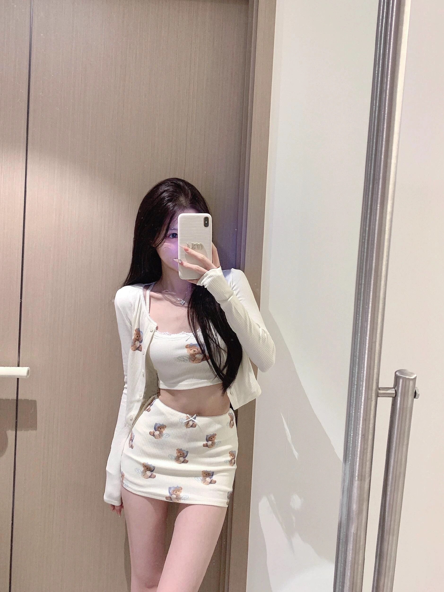 Teddy Top +Cardigan +Skirt Three Pieces Set