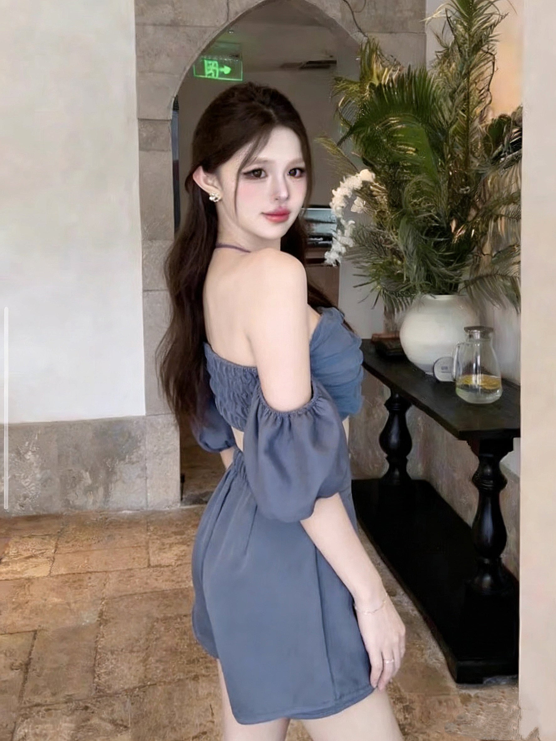 Off Shoulder Crop Top + Skort Two Pieces Set (Blue, Brown)
