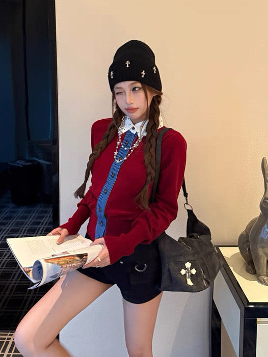 Polka Dot Collar Red Thin Knitted Top