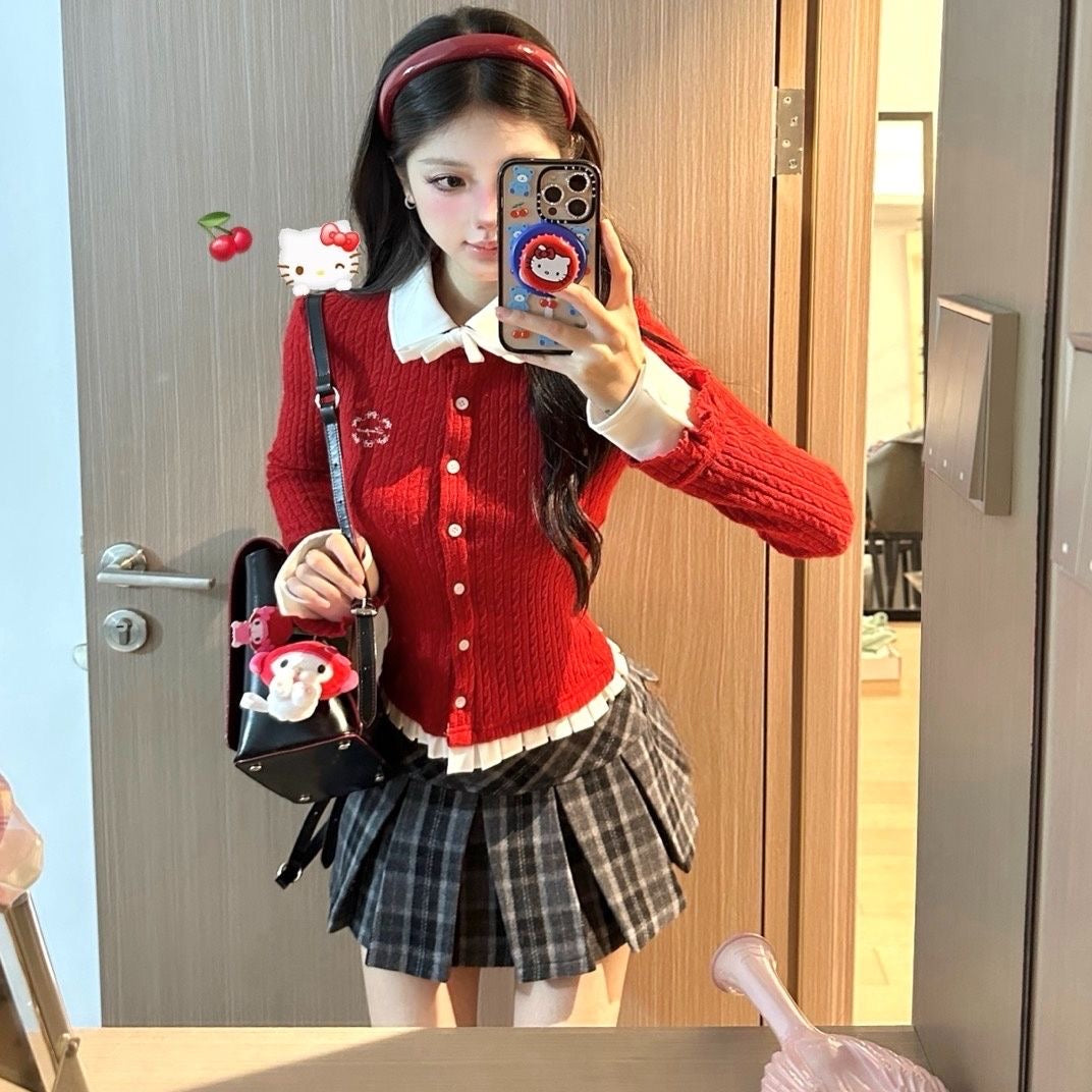 Cute Collar Red Long Sleeve Knitted Top