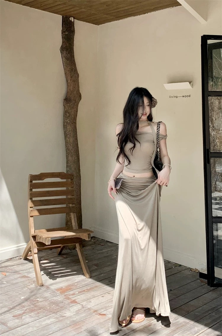 Milk Tea Off Shoulder Top + Long Skirt + Strap Three Pieces Set