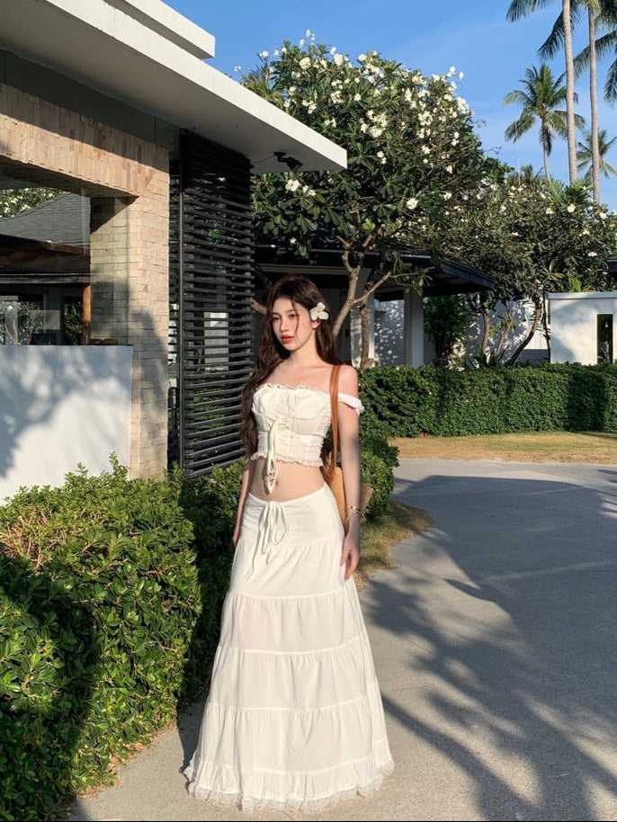 Cream White Lace Top + Long Skirt Two Pieces Set