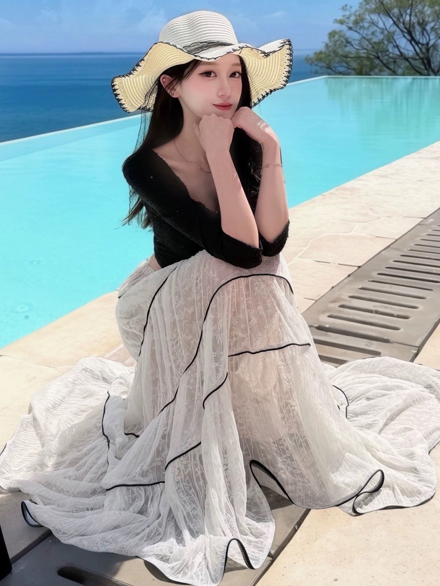 White Laces Black Ribbon Long Skirt SK31