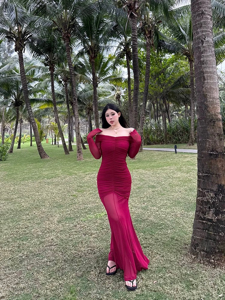 Wine Red Off Shoulder Mesh Dress